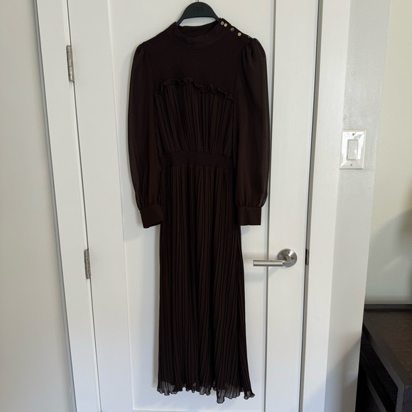 NWOT Zara Dark Brown High Collar Pleated Long Dress XS - Picture 3 of 5